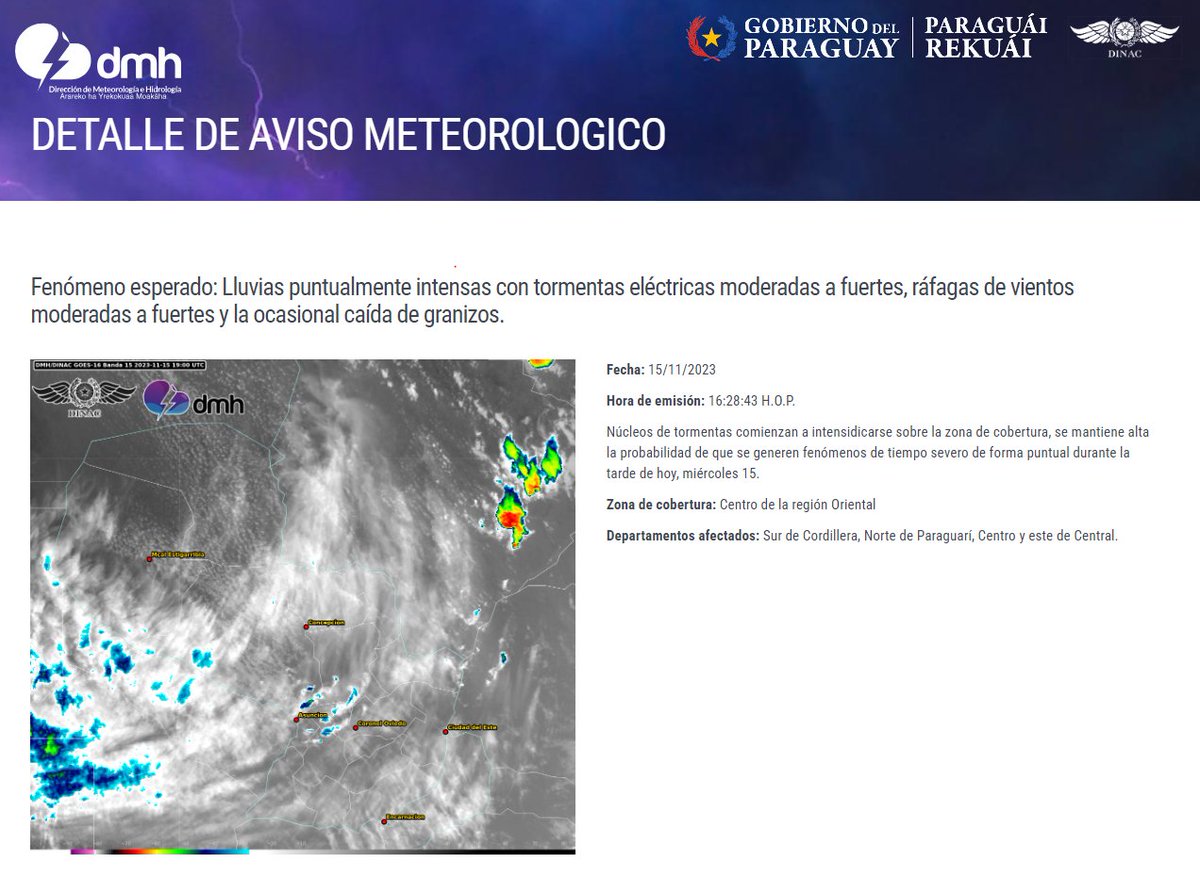 DMH_paraguay's tweet photo. 📢⛈️Aviso Meteorológico N°: 1043/2023 Emitido.
Enlace: https://t.co/UPvMU0QoCO
Fecha: 15/11/2023 
Hora: 16:29 h. https://t.co/bdslSKiC9F