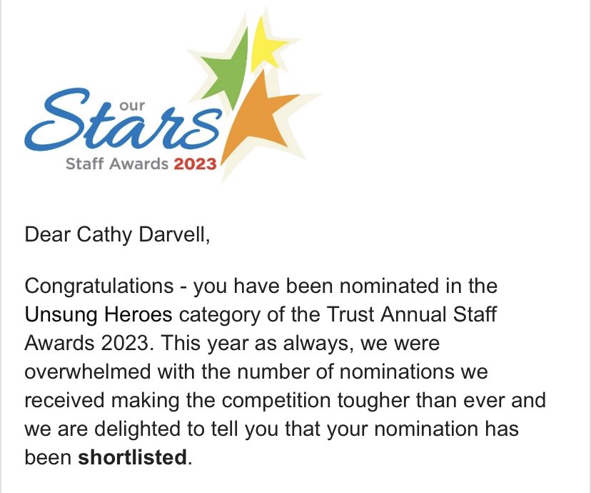 So proud for my fabulous collaugue <a href="/CathyRatstail/">Catharina Darvell</a> from PPT Bucks to be shortlisted for Unsung Hero at the <a href="/HPFT_NHS/">Hertfordshire Partnership University NHS FT (HPFT)</a> #starawards Not only is she a hero that should be sung about, but a leader, an advocate and a friend ❤️