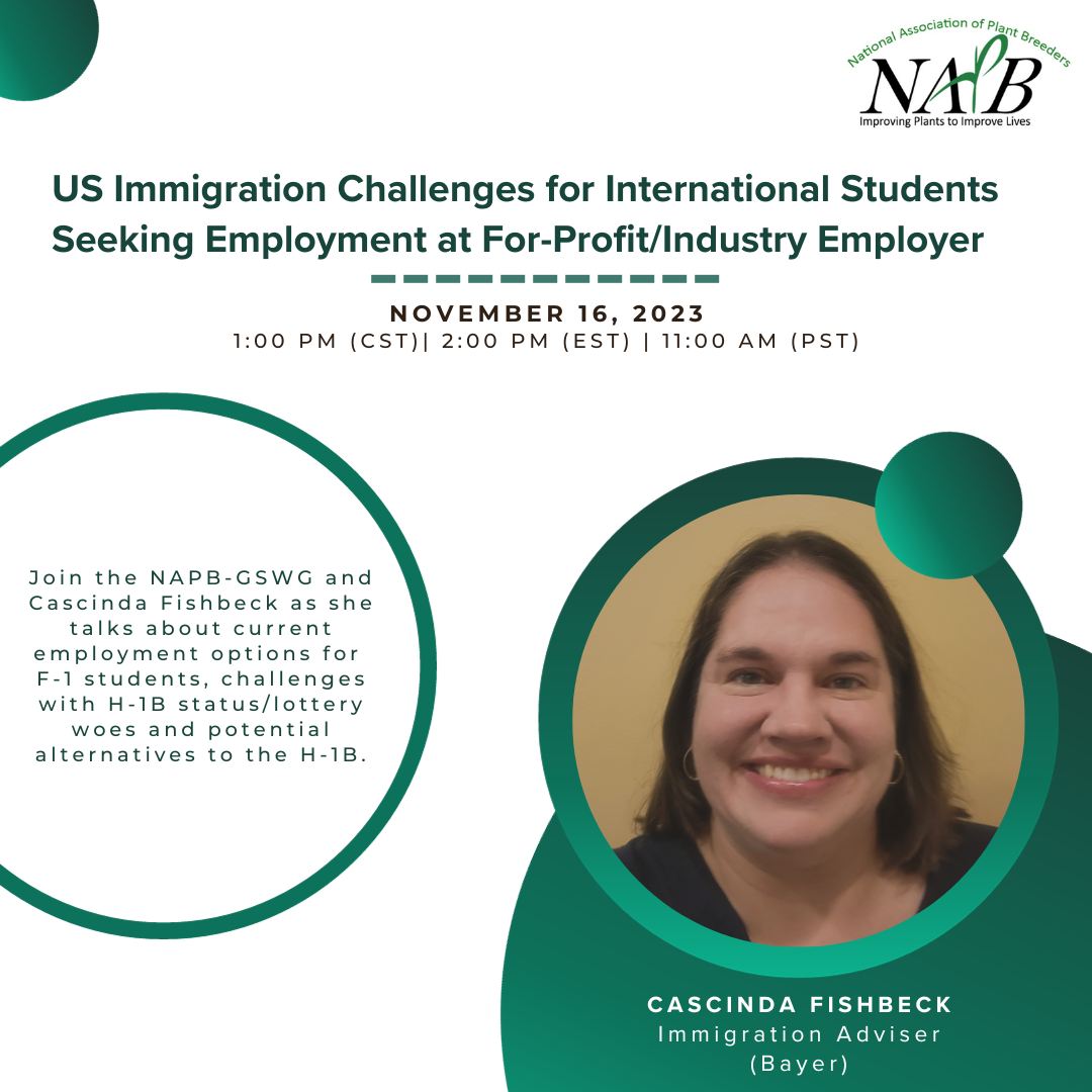 Reminder: Our NAPB GSWG November webinar entitled “US Immigration Challenges for International Students Seeking Employment at For-Profit/Industry Employers” is happening tomorrow, November 16th! @NAPlantBreeders Registration: forms.gle/mCTLb3gp84zKjL…