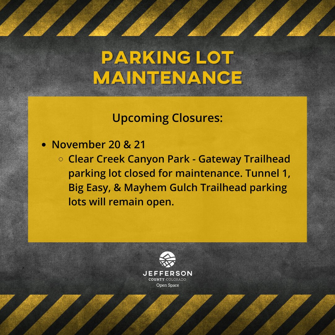 🚧⚠NOTICE: Clear Creek Canyon Park - Gateway Trailhead parking lot will be closed November 20 &amp; 21 for maintenance. The Tunnel 1, Big Easy, &amp; Mayhem Gulch Trailhead parking lots will remain open. Please plan your trip to the park accordingly. 
#knowbeforeyougo