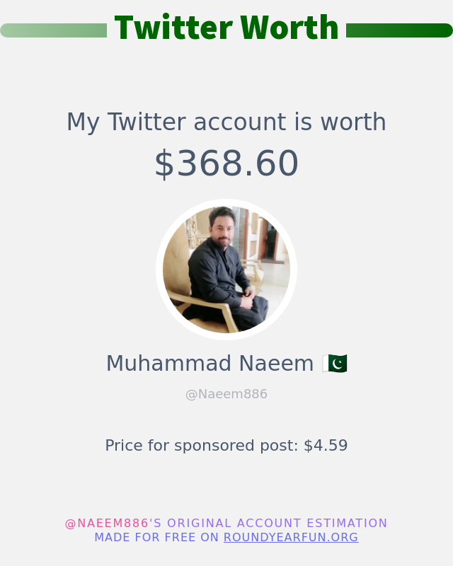 Naeem886's tweet photo. My Twitter worth is: $368.60

➡️ https://t.co/IOKDLekvuR https://t.co/TrHfmR4UIE