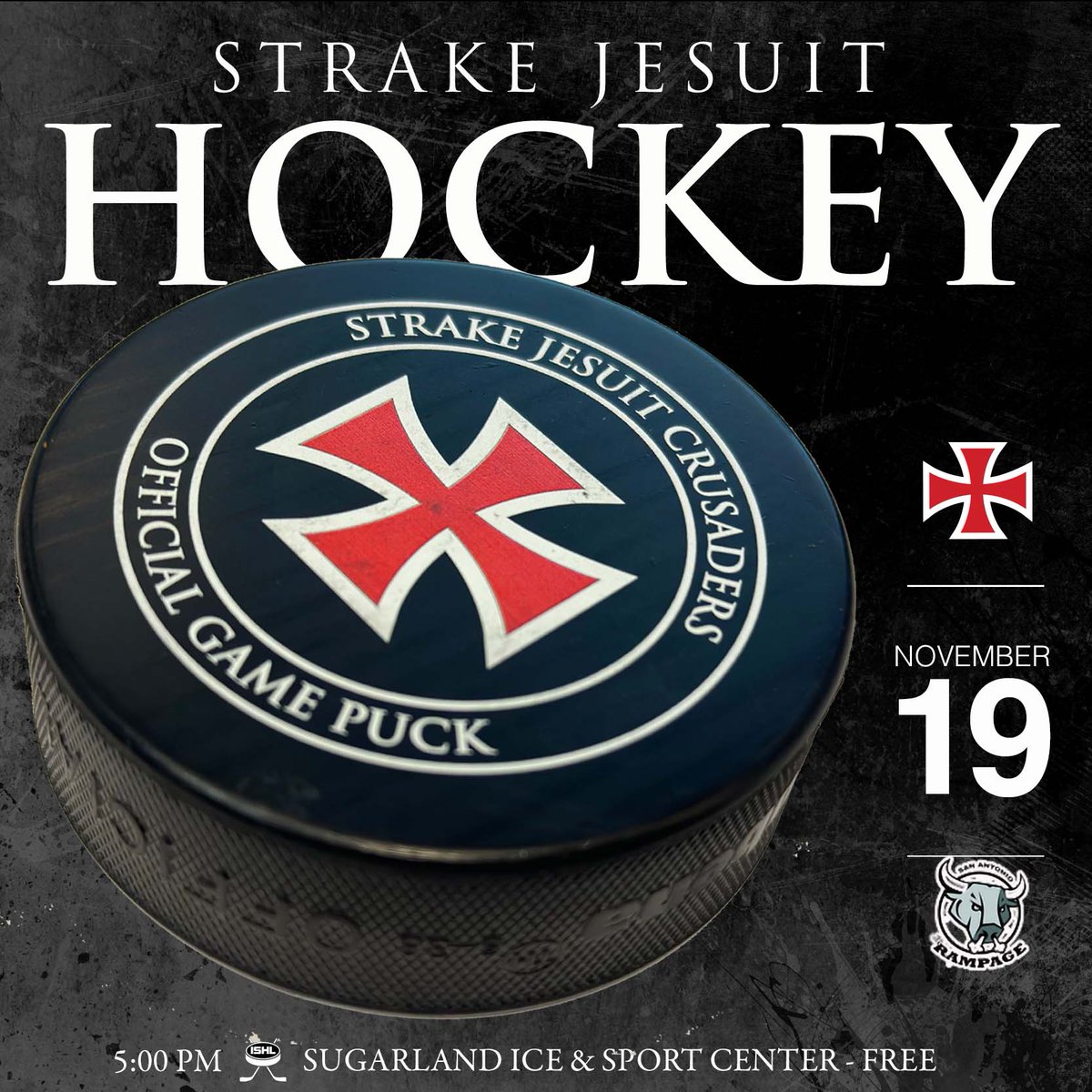 @hockey_sj takes on San Antonio this Sunday at 5:00 pm at Sugar Land Ice & Sports Center. #AMDG #WeAreSJ #MenForOthers #highschoolhockey #texashockey #houstonhockey