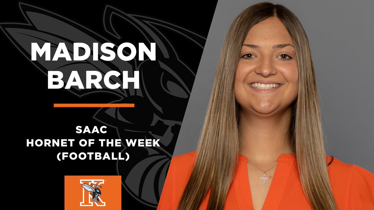 Congrats to Madison Barch for being named the SAAC Women's Hornet of the Week! Madison was 3/3 in extra points and scored what is believed to be the first non-kicking points scored by a woman in NCAA history! #GoHornets #SwarmTheDay <a href="/KzooFootball/">Kalamazoo College Football</a> 
Story: tinyurl.com/2y7h5rxb