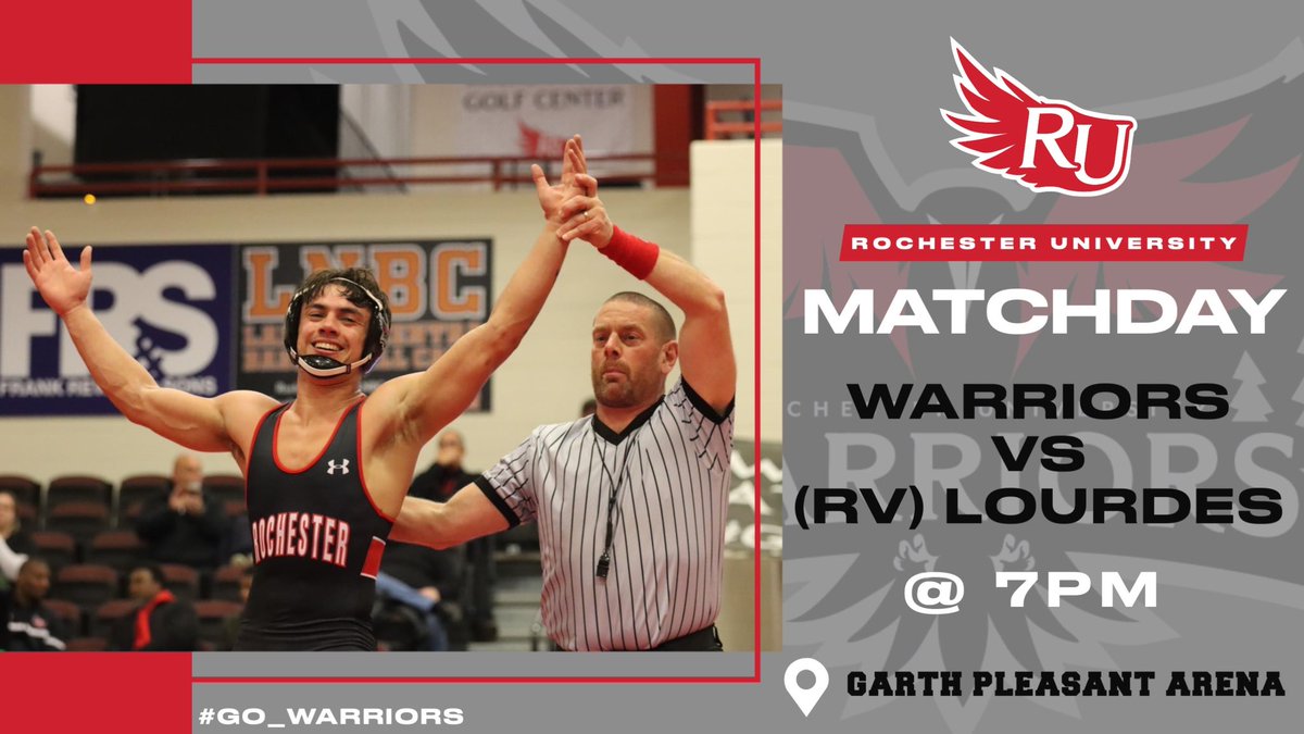 HOME DUAL TONIGHT @ 7PM vs (RV) Lourdes University‼️ This is a match you do not want to miss🔥 #WarriorsWill #REDOUT

Livestream- youtube.com/@RochesterSpor…

Tickets- rochesteruwarriors.com/tickets