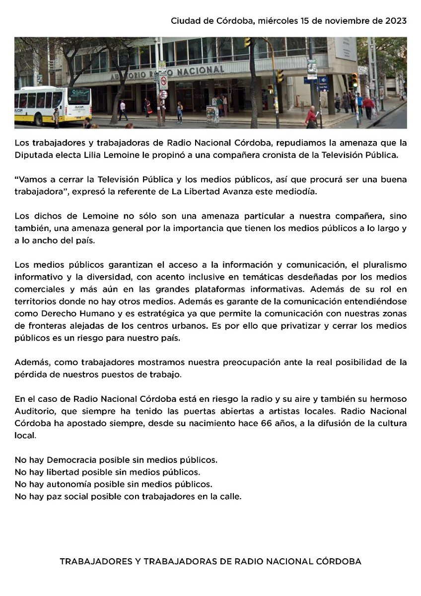 Tras las declaraciones de la diputada electa Lila Lemoine, los trabajadores y trabajadoras de <a href="/NacionalCordoba/">Radio Nacional Córdoba</a> decimos y repudiamos.
#SiALosMediosPúblicos