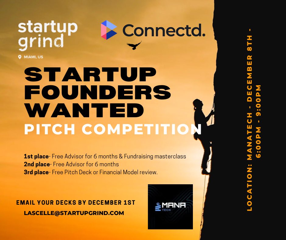 Connectd. is launching officially in the US market first stop Miami during Art Basel with a conversation with Roel Samuel, CEO of Connectd.
Submit your deck for an opportunity to pitch to: lascelle@startupgrind.com by Deecember 1st.
