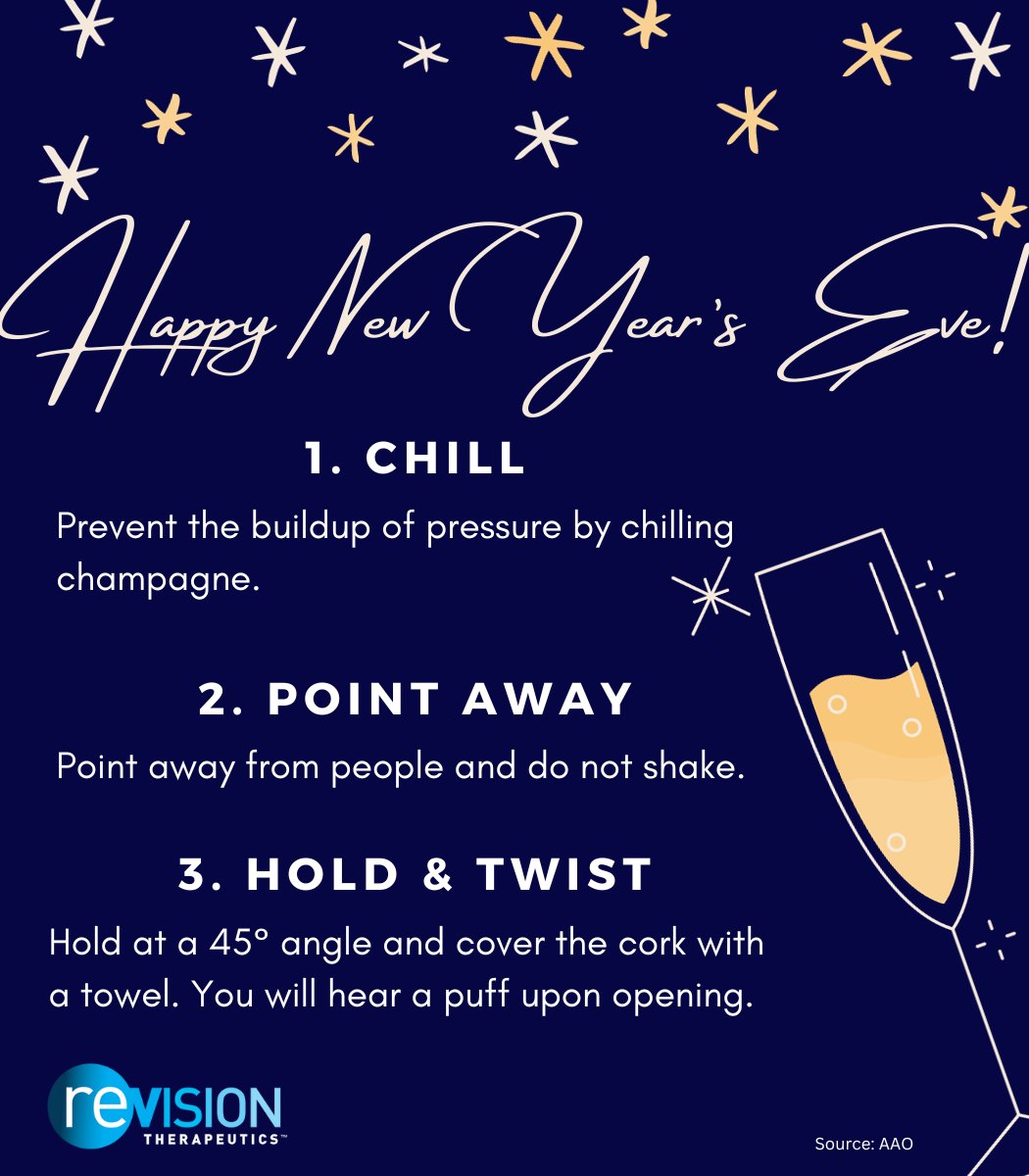 Happy New Year's Eve! Learn from the image about an eye-safe way to open a bottle of bubbly to ring in the new year. #HappyNewYear #EyeSafety
