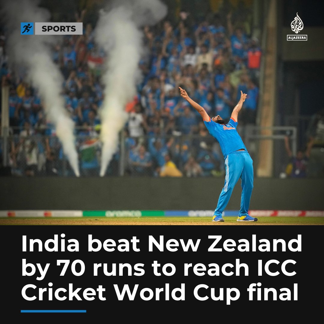 AJE_Sport's tweet photo. India has overcome a valiant New Zealand fightback to enter the ICC Cricket World Cup 2023 final on home soil https://t.co/KfwOXewgrY https://t.co/19irNZHirB