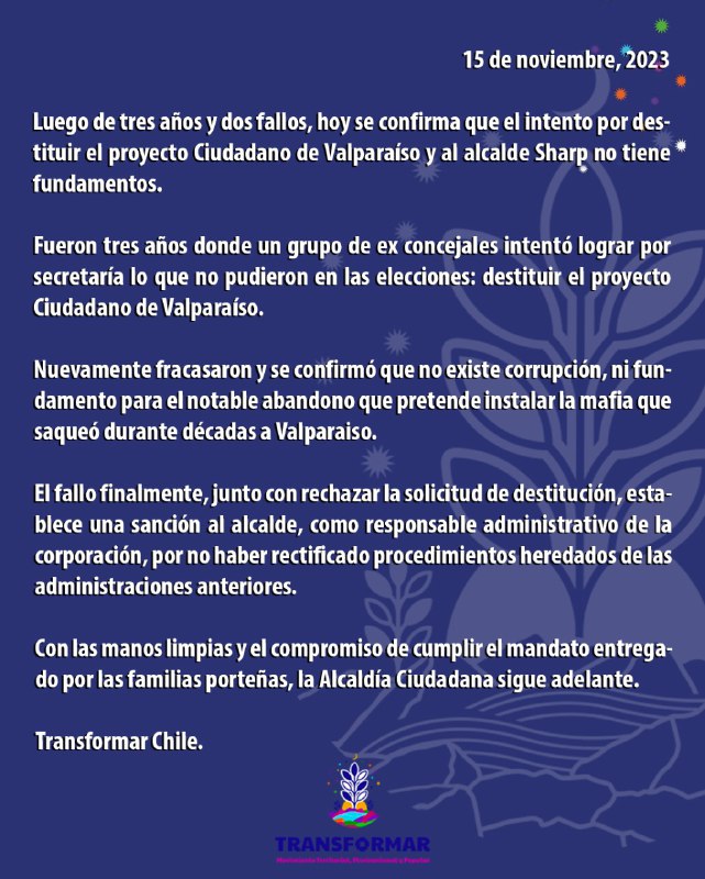 TransformarChi1's tweet image. Con las manos limpias y el compromiso de cumplir el mandato entregado por las familias porteñas, la Alcaldía Ciudadana de Valparaíso sigue adelante.
No lograron su objetivo. Fracasaron en el intento de destitución del alcalde @JorgeSharp