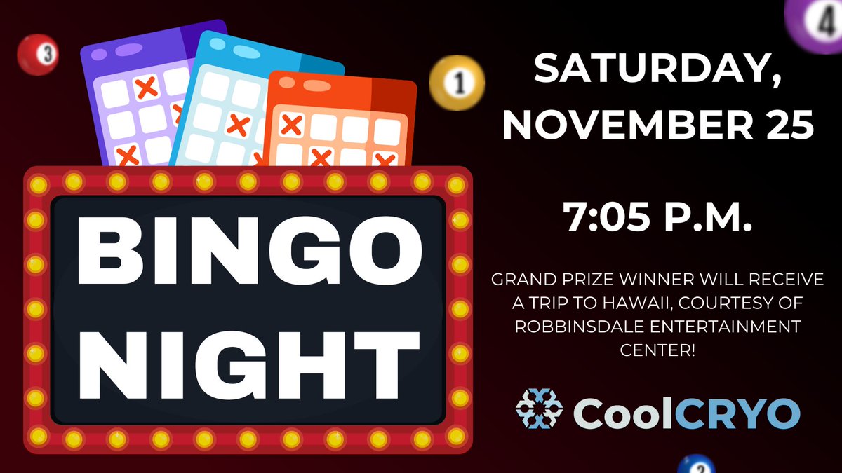 Who wants to win a trip to Hawaii?? Head to our BINGO Night, presented by <a href="/coolcryorc/">CoolCRYO</a>, next Saturday! We're giving out smaller prizes, plus a basket from the Moose Lodge!

🎟️ bit.ly/Nov25BINGO