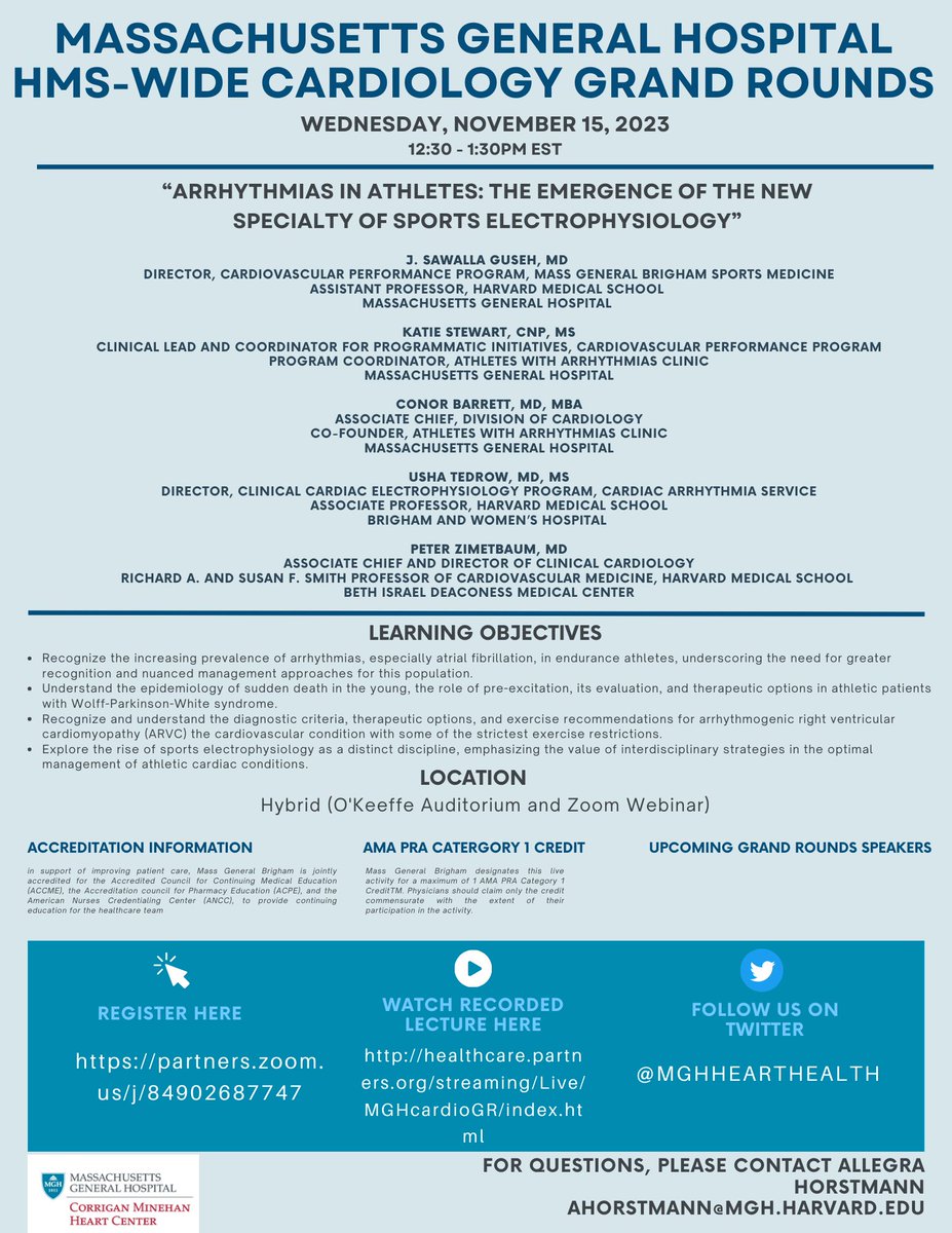 Join us today in O'Keeffe Auditorium or online for the Annual MGH HMS-WIDE Cardiology Grand Rounds. Details below and link here partners.zoom.us/j/84902687747 @JSawallaGusehMD @patrick_ellinor @KrishnaAragam