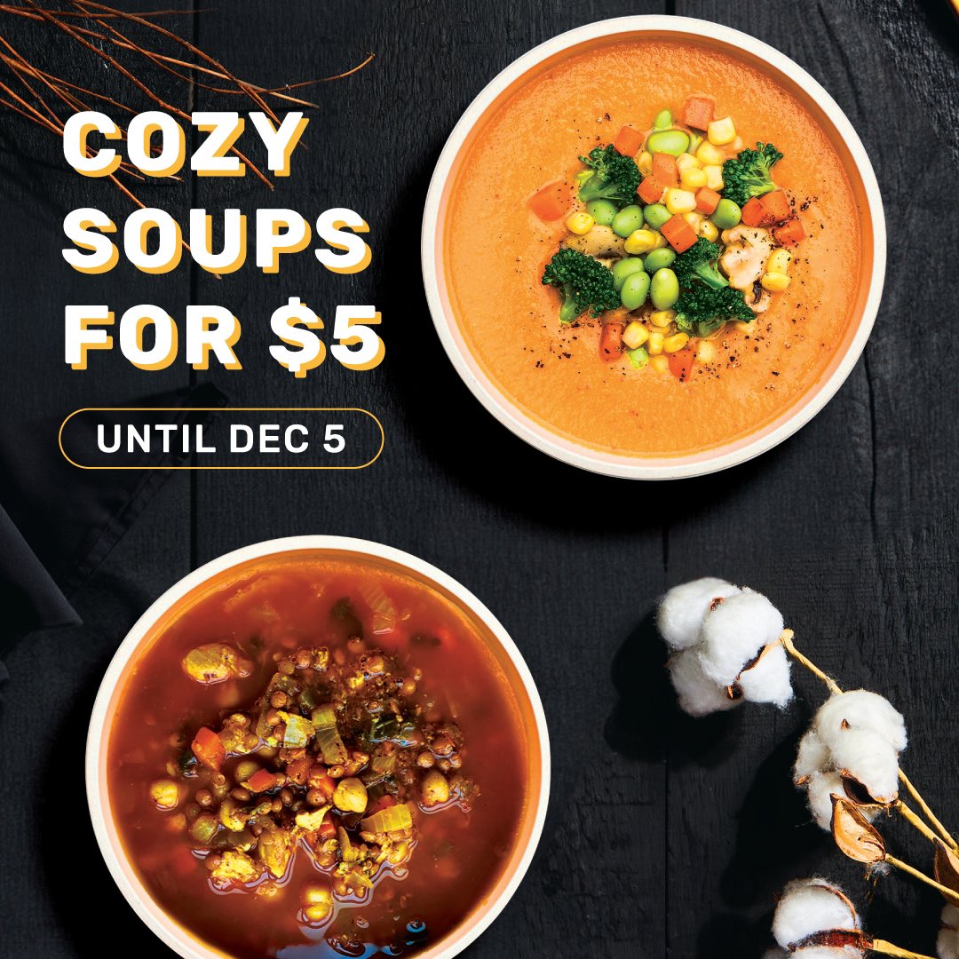 Soup season is ON! For a limited time, our crave-able soups are available in-store and online for just $5. We love pairing them with a hearty sandwich or a bowl or burrito. And at this price, soup is the hottest thing this fall. 

#ottawalunch #torontolunch