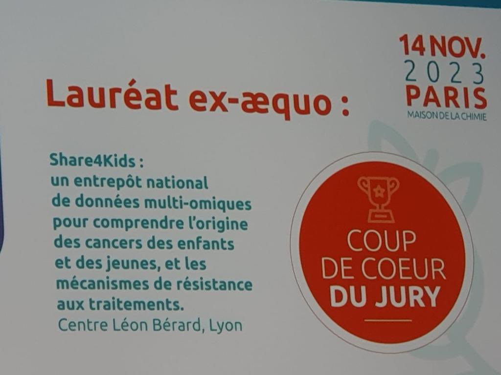 React4Kids's tweet photo. UNE RÉCOMPENSE MÉRITÉE!

Hier #Share4Kids a été récompensé par le prix Coup de Cœur du jury du @GroupeUnicancer. 

Une belle reconnaissance remise à @mariecastets, coordinatrice de ce projet ambitieux qui devrait permettre d’accélérer la recherche contre les cancers pédiatriques. https://t.co/dbKgqXnPpP