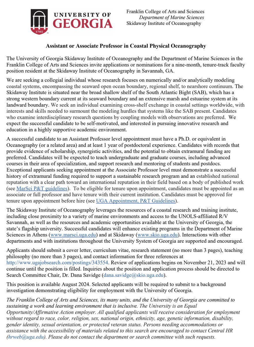 Our department @UGA_MarineSci is HIRING! 🌊⛴️🎉 We've got an open faculty search for an Assistant or Associate Prof in Physical Oceanography, based down on the GA coast at @SkIOinSavannah! ugajobsearch.com/postings/343554 Review of applications begins on Nov 21st