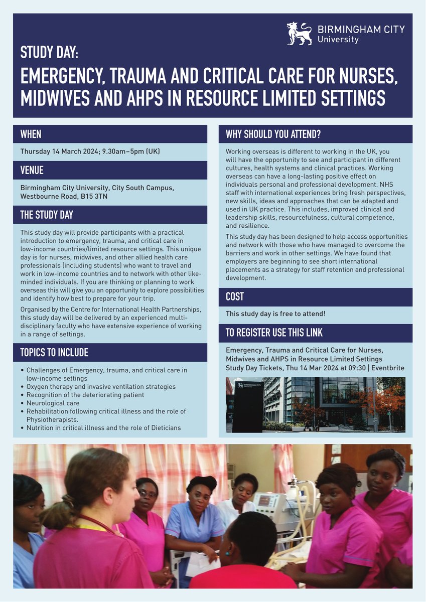 📢<a href="/MyBCU/">Birmingham City University</a> will be running a free study day for nurses, midwives &amp; AHPs (+ students) interested in emergency, trauma, &amp; critical care in low-income countries and to network with other like-minded individuals <a href="/theRCN/">The RCN</a>

🗓️14 Mar 2024 9.30am – 5pm
👉rb.gy/58b7ig