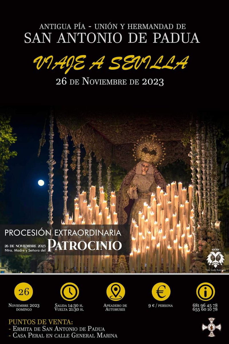 La Hermandad de San Antonio de Padua organiza un viaje a Sevilla el próximo domingo, día 26 de noviembre, con motivo de la salida extraordinaria de Nuestra Madre y Señora del Patrocinio de la Hermandad del Cachorro. Salida desde el Apeadero de Autobuses de Arahal a las 14:30 h.