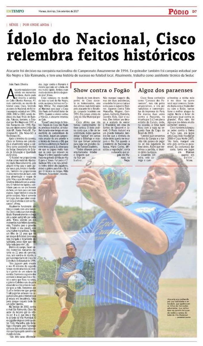 TuneldoTempoNFC's tweet photo. ⭐ #Cisco em reportagem do jornal #EmTempo (03/09/2017)

#Naça #Nacional #NacionalFC #Lendasdofutebolamazonense https://t.co/D5RPsWQHw9