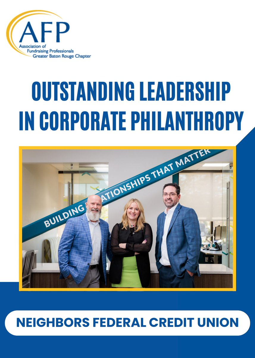 NeighborsFCU's tweet photo. HappyΒ #NationalPhilanthropyDay! We are so honored to be recognized for Outstanding Leadership in Corporate Philanthropy by the Association of Fundraising Professionals - Greater Baton Rouge Chapterππ #NeighborsFCU #HereForYou https://t.co/javBwDyldR