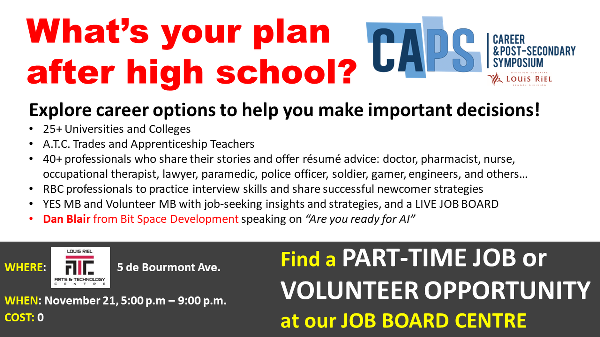 louis_riel_sd's tweet photo. Unlock your career potential! Connect with industry leaders, discover new opportunities, and shape your future at our Career Symposium next Tuesday, Nov. 21, at LRATC. https://t.co/YiM5oDHqkF