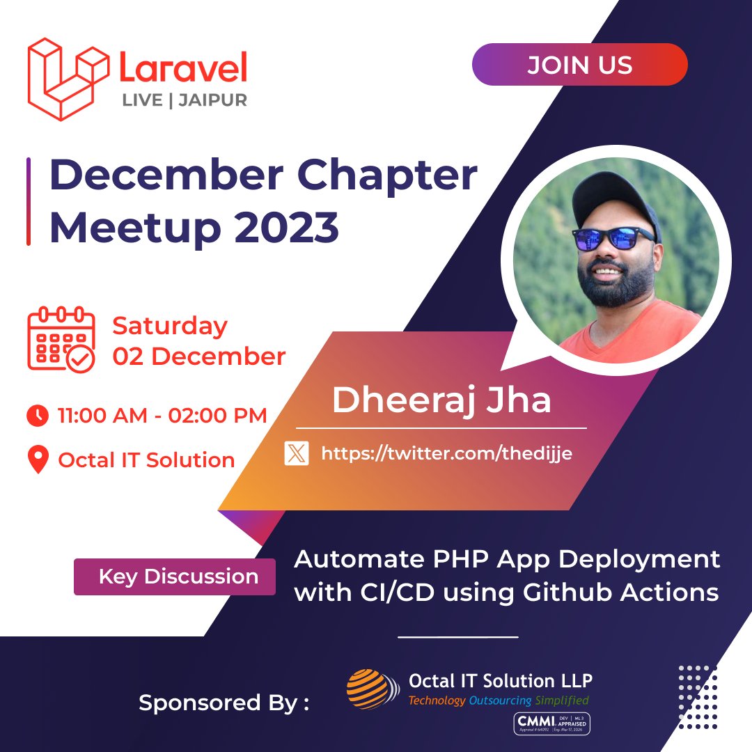 laravel_jaipur's tweet photo. 🚀 Exciting Announcement for Laravel Enthusiasts!
🎤 Meet our First Speaker: Dheeraj Jha (@TheDijje)
💡 Talk: "Automate PHP App Deployment with CI/CD using GitHub Actions"
🔗 Learn more about Dheeraj: https://t.co/0LGltah2Ns
#LaravelLive #JaipurMeetup #PHP #CICD #GitHubActions https://t.co/dinAkreWyM