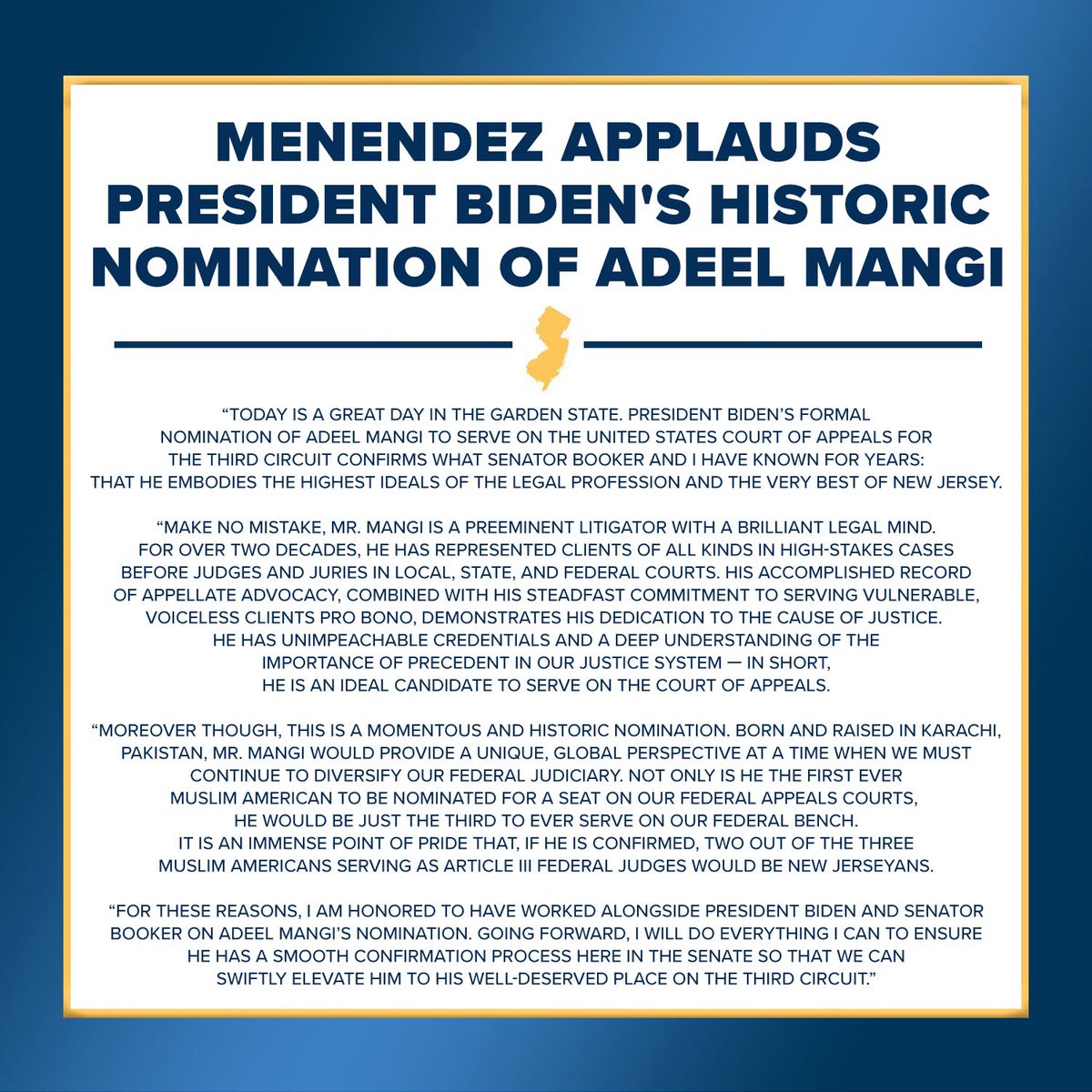 SenatorMenendez's tweet photo. I applaud @POTUS's nomination of Adeel Mangi to serve on the U.S. Court of Appeals for the Third Circuit.
 
I was honored to call him and share that I would strongly encourage the President to make him the first Muslim American nominated for a seat on our federal appeals courts. https://t.co/LozxjdlU9M