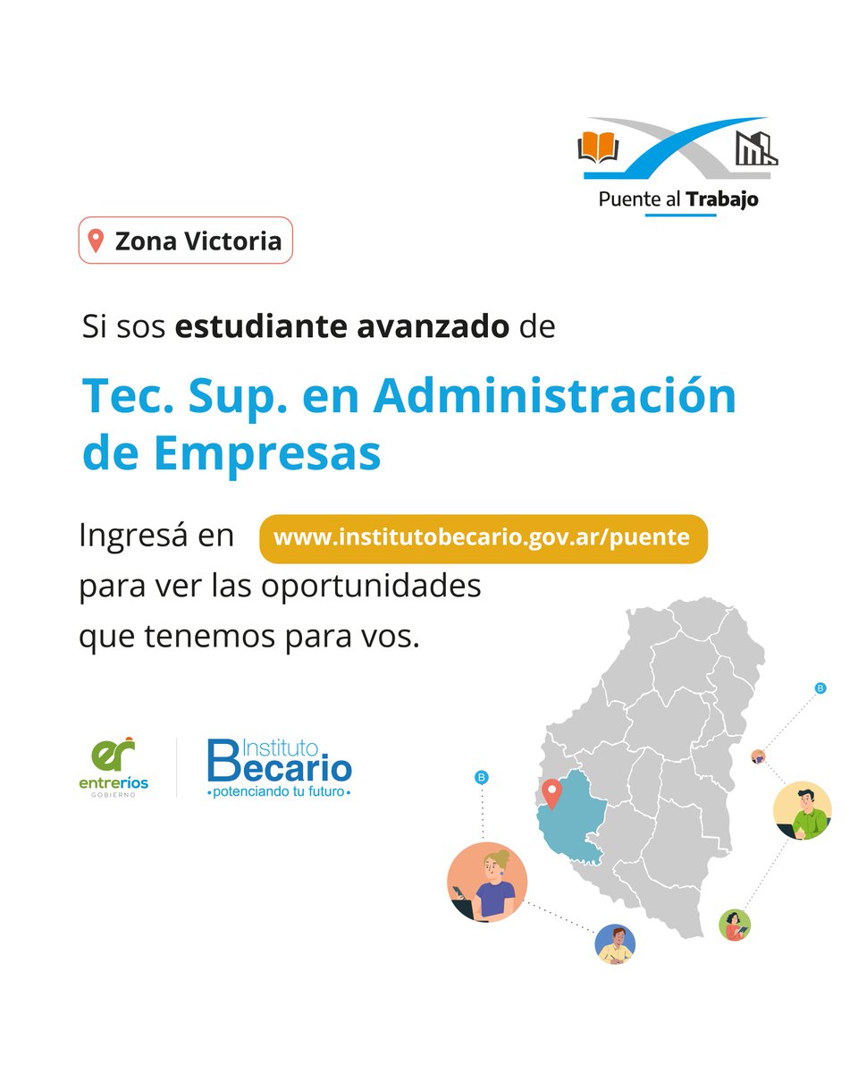 ¿Sos o residis en Victoria, María Grande, Seguí o Viale y estudias alguna de estas carreras? Esto te puede interesar 😉

Toda la info en: institutobecario.gov.ar/puente 

<a href="/bertoliseba/">Sebastián Bértoli</a> <a href="/CaroAmiano/">Carolina Amiano</a> <a href="/GobiernoER/">Gobierno de Entre Ríos</a>