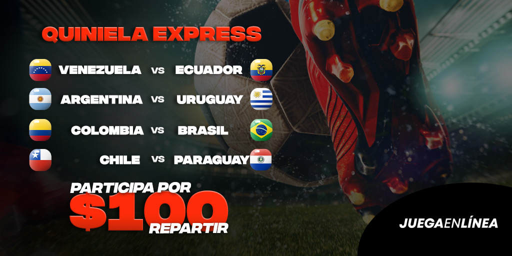 #QuinielaEliminatorias

¡Pronostica ganador (ó empate) en cada juego!

#Venezuela 🆚 #Ecuador
#Argentina 🆚 #Uruguay
#Colombia 🆚 #Brasil
#Chile 🆚 #Paraguay

Comenta tus pronosticos y usuario activo
1⃣ comentario por usuario
1⃣0⃣0⃣💲 a repartir entre 5 ganadores
Hasta las 6PM