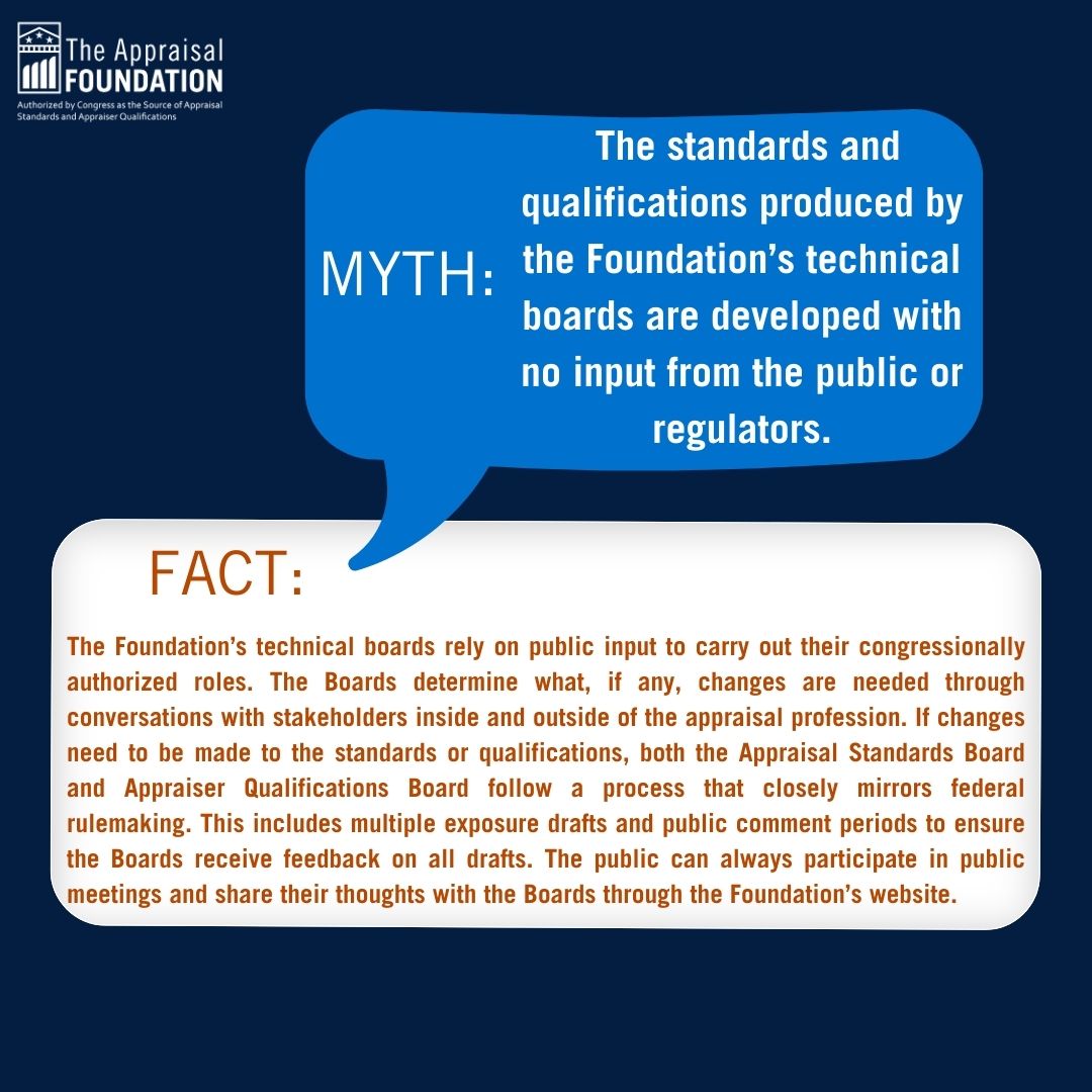 TheAppraisalFdn's tweet photo. Did you know that the Foundation’s technical boards rely on public input in maintaining the standards and qualifications? 

Learn more on our Myth vs. Facts webpage: https://t.co/in2ARAmbRq https://t.co/MvpgDyryp2