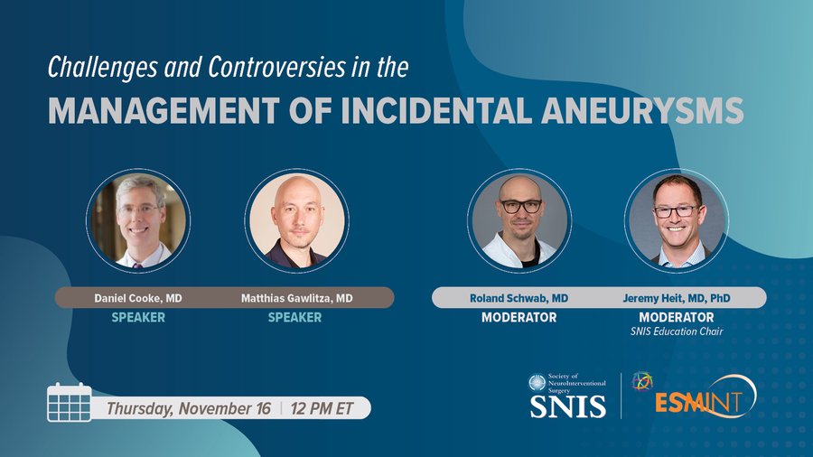 TOMORROW: The next #SNISinsights webinar “Challenges and Controversies in the Management of Incidental Aneurysms” is Thu 11/16 at 11 am ET.  Register: register.gotowebinar.com/register/69745…