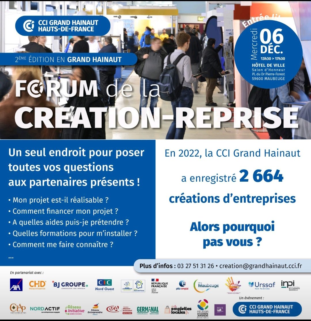Venez rencontrer des professionnels de la création d'entreprise au forum de la création-reprise le 6 décembre à l'hôtel de ville de Maubeuge @HlneHatton <a href="/DeMaced65812397/">De Macedo Gilles pro</a> @poleemploi_HDF