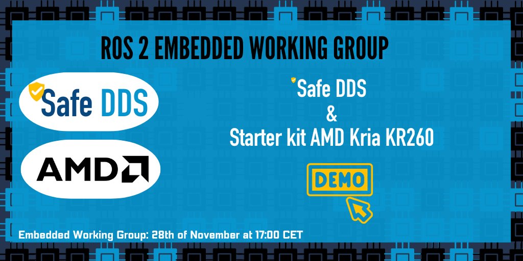 #ROS2 EWG meeting is here: November 28th.
Pablo Garrido from eProsima will present a demo highlighting the utilization of #SafeDDS across all three cores of the AMD KR260 platform – Cortex A53, Cortex R5, and MicroBlaze FPGA-softcore.
Register here! buff.ly/3Qx4AVC