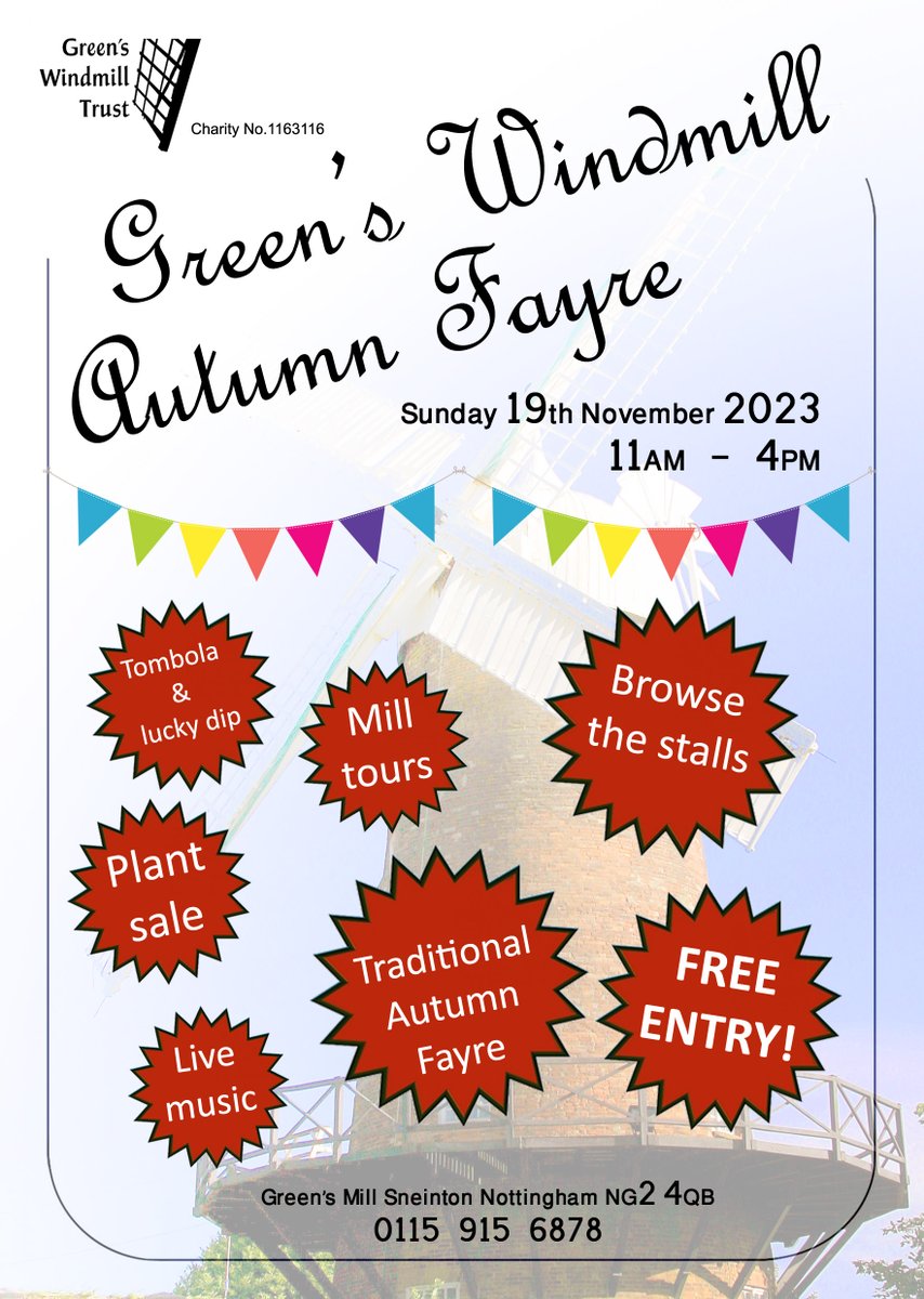 Join us in the magnificent setting of Green's Windmill for our Autumn Fayre this Sunday!  Stalls, food, live music, tombola, plant sale, mill tours... lots to see and do! Entry is FREE.

Details here: facebook.com/events/8593965…

#notts #nottingham #visitnotts #lovenotts #sneinton