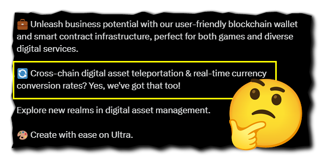 Ultra4Life_'s tweet photo. @ultra_io @LeBigzer Cross-chain asset teleportation??? really? 
Can we know how this works and if it's already in place? https://t.co/ZR8anfS2NU