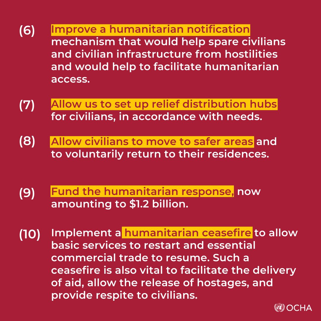 UNOCHA's tweet photo. The carnage in #Gaza reaches new levels of horror every day. The world must act before it is too late.

On behalf of the humanitarian community, @UNReliefChief puts forward a comprehensive 10-point plan.

But we need broad international support.