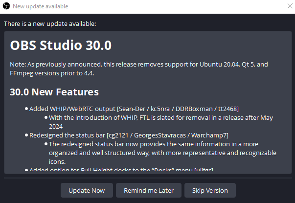 OBS 30.0 is out! Before you update:

✅ Backup your scenes and profiles 
❗️ Wait until a hotfix or two (30.0.1 etc, usually comes within a few days)
❌ Don't update right before your stream