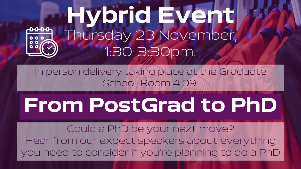 Thinking about studying a PhD? Come along to our 'From PostGrad to PhD' event on Thursday 23rd November, 1:30-3:30pm. 🎓

You can join online or register: go.port.ac.uk/Mwar1z to attend in person!