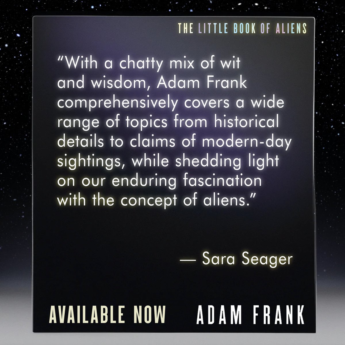 Adam Frank (@adamfrank4) on Twitter photo MIT <a href="/ProfSaraSeager/">Sara Seager</a> is one of the leading exoplanet scientists in the world. Her work has pushed the field forward in multiple ways.
I’m a huge fan so I was very honored that she’d recommend The Little Book of Aliens.
Order your copy today! harpercollins.com/products/the-l… MIT <a href="/ProfSaraSeager/">Sara Seager</a> is one of the leading exoplanet scientists in the world. Her work has pushed the field forward in multiple ways.
I’m a huge fan so I was very honored that she’d recommend The Little Book of Aliens.
Order your copy today! harpercollins.com/products/the-l…