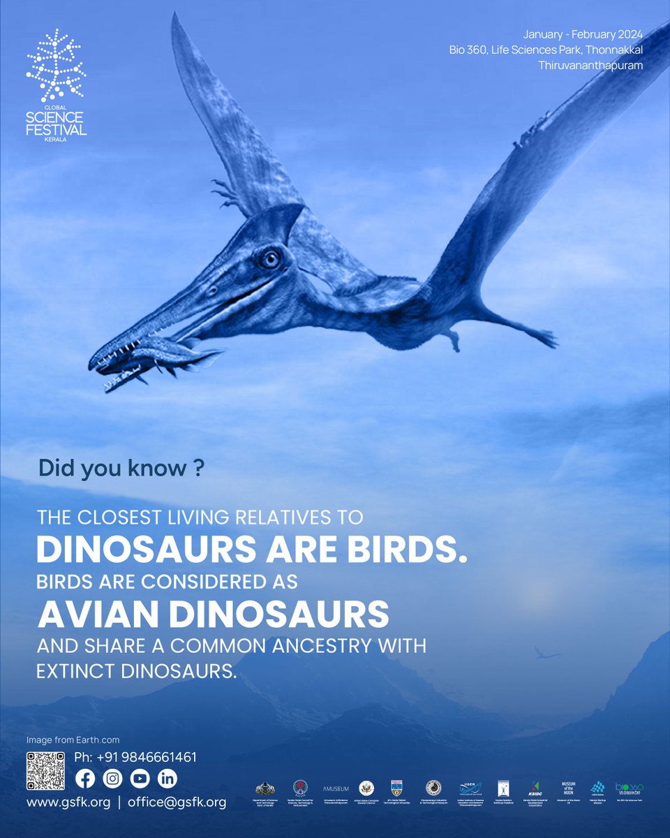 Dive into the wonders of science at Global Science Festival Kerala! Did you know? Birds are the living relatives of extinct dinosaurs. Explore evolution's secrets with us from the flight of birds to the dance of DNA. Join this immersive journey! 
#GSFK2023 #ScienceWonder