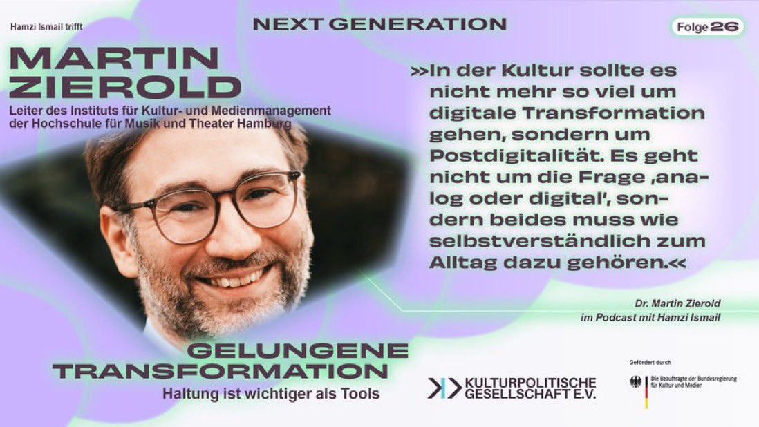 Neue Podcast-Folge von #nextgeneration ist da 🤗🥳😍 überall da wo es Podcasts gibt, z.B. bei Spotify: open.spotify.com/episode/2Hn08x…

Danke an <a href="/MZierold/">Martin Zierold</a> und an die <a href="/Kupoge/">Kulturpolitische Gesellschaft e.V.</a>