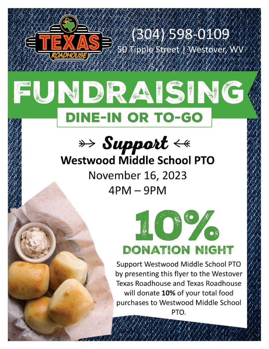 Westwood_Middle's tweet photo. Please support the Westwood PTO by participating in a Texas Roadhouse Dine-In night TOMORROW from 4-9pm and present the flyer below.  You can buy gift cards at this time and present the flyer for 10% of all proceeds to benefit our students and school! https://t.co/Jej52kRNuD