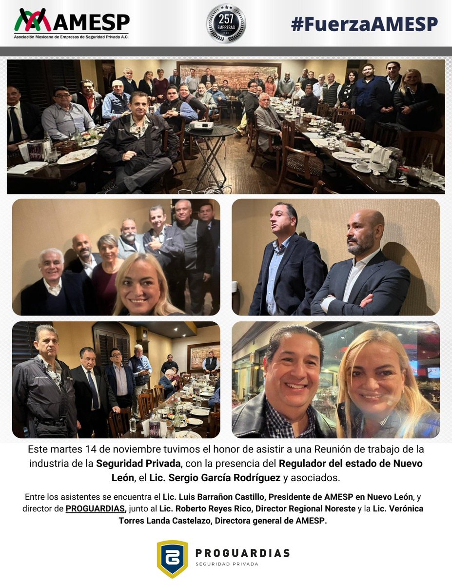 Proguardias_inc's tweet photo. Este martes 14 de noviembre tuvimos el honor de asistir a una Reunión de trabajo de la industria de la Seguridad Privada, con la presencia del Regulador del estado de Nuevo León, el Lic. Sergio García Rodríguez y asociados. https://t.co/qEh4CvrEmQ