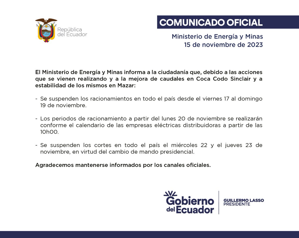 ViceminEnergia's tweet photo. 🔴[COMUNICADO OFICIAL]📍

📌Este Ministerio informa sobre la situación del servicio de energía eléctrica para el fin de semana, comprendido desde el viernes 17 hasta el domingo 19 de noviembre.
✅Además, socializamos la información para el próximo 22 y 23 de noviembre.
➡️Más en⤵️ https://t.co/sg9oCtabJo