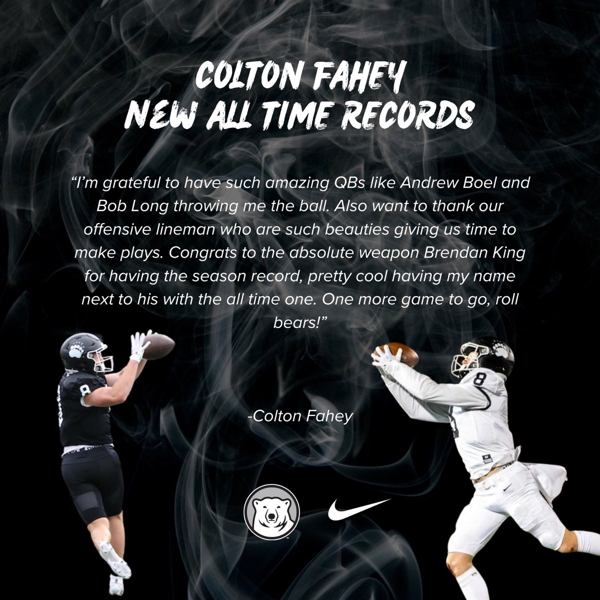 On Saturday, WR Colton Fahey etched his name in the record book at Bowdoin not once, but twice! Congratulations to Colton on breaking the all time career receiving touchdowns & receiving yards records! #GOuBears#ThatsMyTeam #TheHunt🐾 #recordbreaker