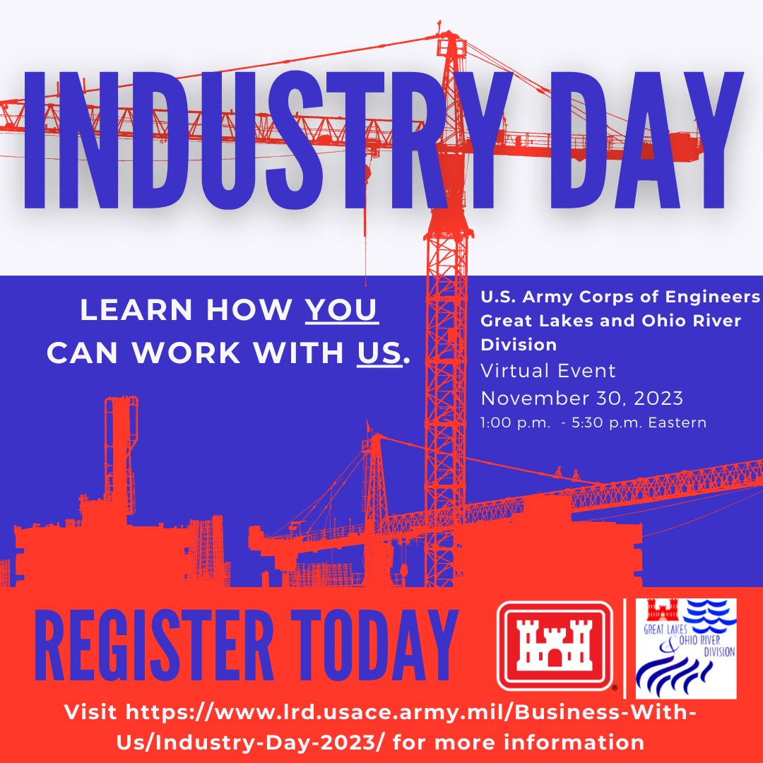 In just a few weeks, LRD is hosting Industry Day 2023! 🏗️ 👷‍♀️ 👷‍♂️ 🗓️ 

The U.S. Army Corps of Engineers Great Lakes and Ohio River Division is hosting INDUSTRY DAY virtually on November 30th from 1:00 p.m. to 5:30 p.m. EST.