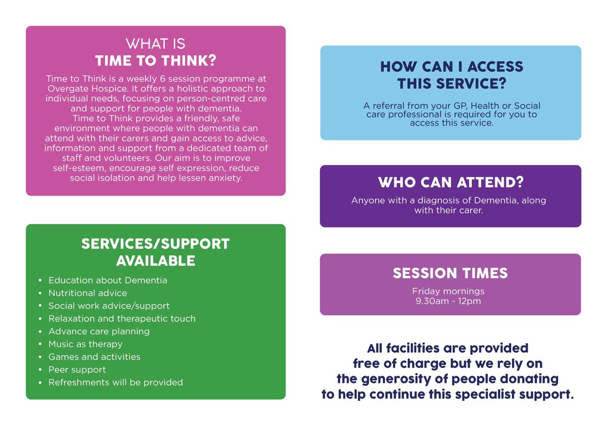 Overgate Hospice provides a free 6-session programme for anyone diagnosed with Dementia and their carer, on Friday mornings 9.30am-12pm. Please speak to your GP, Health or Social Care Provider, who can refer you.

#DementiaSupport #CarerSupport #Wellbeing #Support #StayingWell
