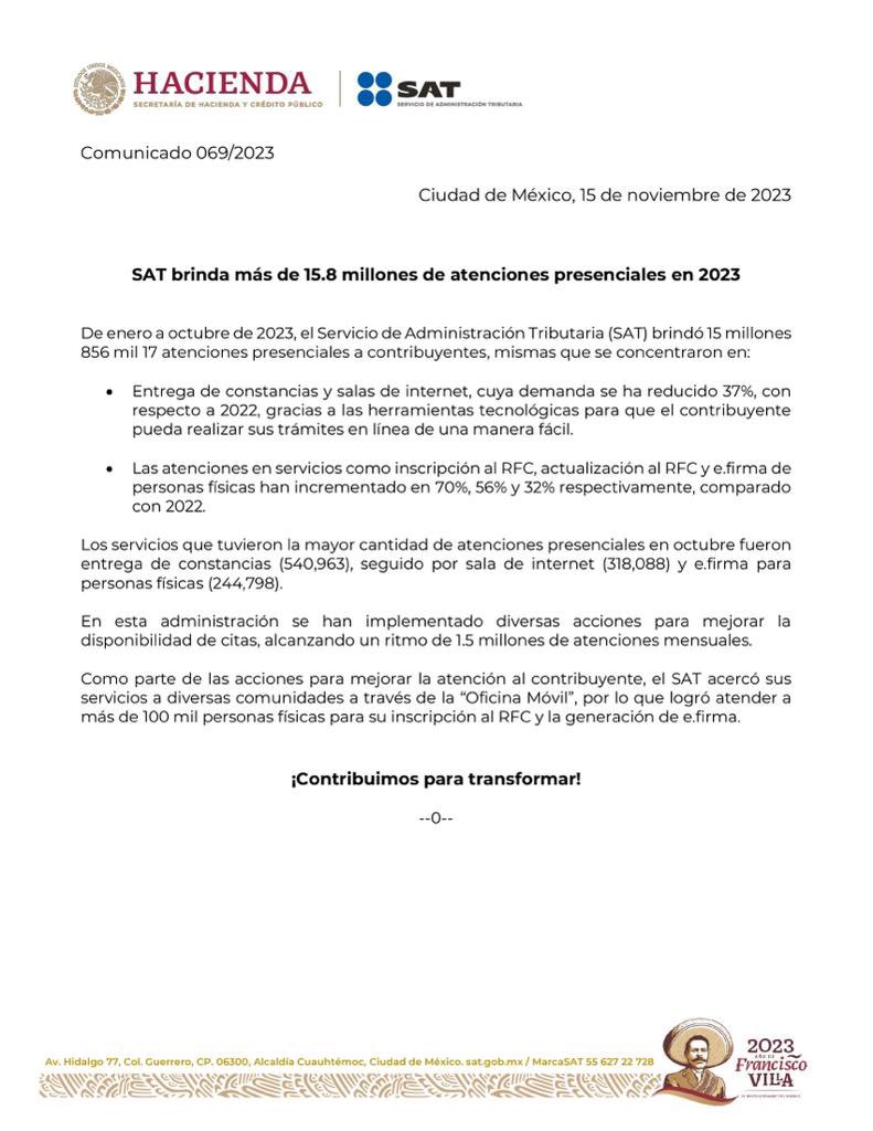 SATMX's tweet photo. #ComunicadoSAT 
El SAT informa que, de enero a octubre, las atenciones presenciales sumaron un total de 15 millones 856 mil 17, esto representa un ritmo de 1.5 millones de atenciones mensuales. https://t.co/9gvhLF1b5V