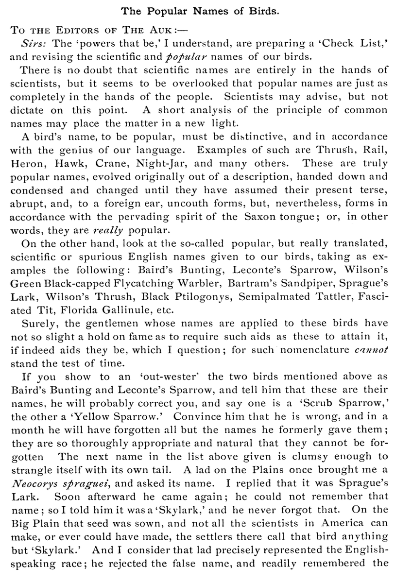 RyanFMandelbaum's tweet photo. ahead of the AOS standardizing common bird names in 1886, a co-founder of the boy scouts wrote this letter to The Auk, saying:
-scientists should not decide common names
-eponyms are bad 
-an official list of common names should preserve folk names, not devise "artificial" ones https://t.co/jsKbg7bPYx