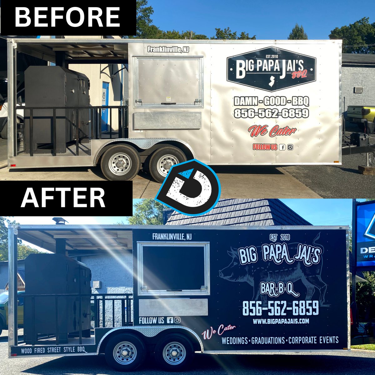 designerwraps's tweet image. #beforeafter of the #bigpapajais #trailerwrap #designerwraps #yourbrandrealized 🔥🔥 #wrapdesign #trailerwraps #foodtrailer #foodtruckwraps #woodfired #forhire #streetstyle ... #trailer #wrap #vehiclewraps #newwrapwhodis #smallbusiness #foodtruck #bbq #streetfood #chefpapajai