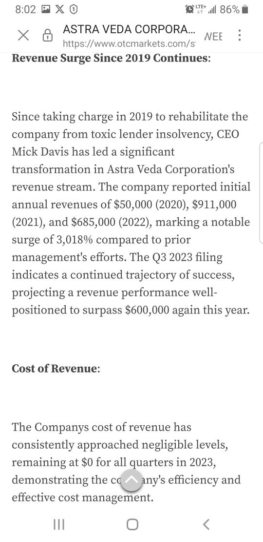 x_acme's tweet photo. $ASTA Mick Davis and @astra_veda_ team are absolutely killing it and growing strong and remaining steadfast. Increased revenue, no debt, no toxic notes, and more! To be #AUDITED by Q1 2024!!!! Thats in only just under 2 MONTHS!! #KEEPINGPROMISES https://t.co/RsxH2U84s0