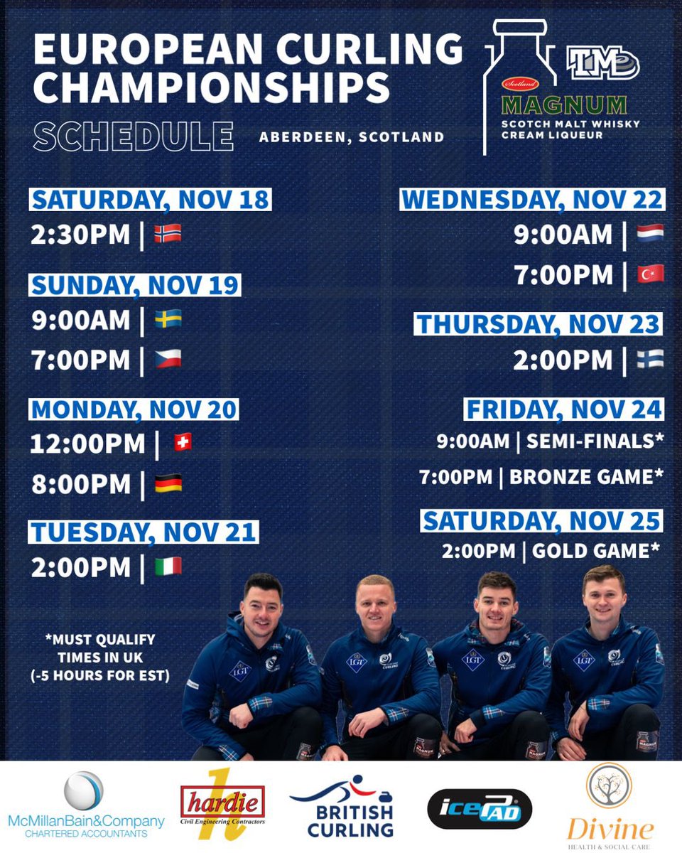 🗓️📌 Le Gruyère AOP European Curling Championships 2023 Here is our schedule for #ECC starting this Saturday. We can’t wait to get started while we battle our hardest to defend our title at home in 🏴󠁧󠁢󠁳󠁣󠁴󠁿 Stay tuned on our social channels for game updates and where to tune in 📺
